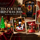 Moodboard FÊTES COUTURE CHRISTMAS 2026 với cây thông emerald, wreath, chậu thông, Nutcracker và carousel