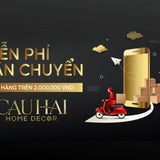 Thiết kế đen vàng sang trọng quảng bá freeship Cậu Hai Home Decor, có điện thoại, thùng hàng và xe máy giao hàng.