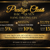 Bảng ưu đãi Cậu Hai Home Decor Prestige Class màu vàng đen lấp lánh, chi tiết các hạng mức giảm giá.