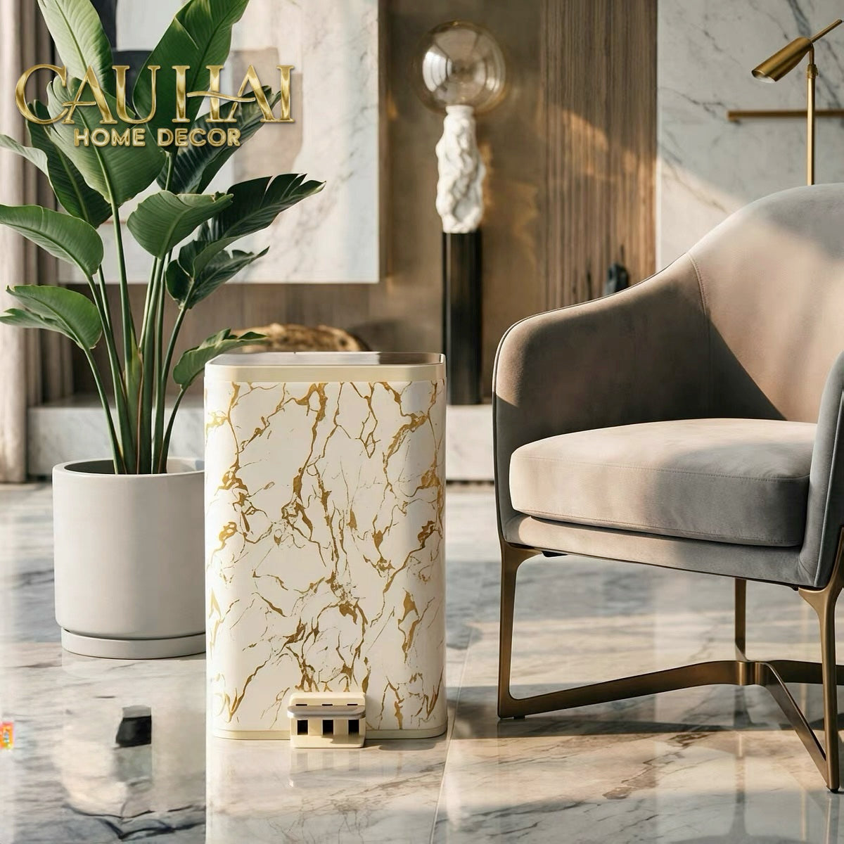 Thùng Rác Bọc Da Đạp Chân Thép Marble Silencieux Ivory 25L