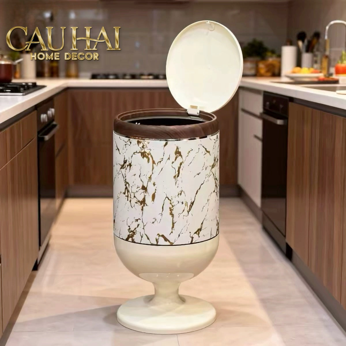 Thùng Rác Bọc Da Cao Cấp 20L Vân Đá - Marble Royale Gold