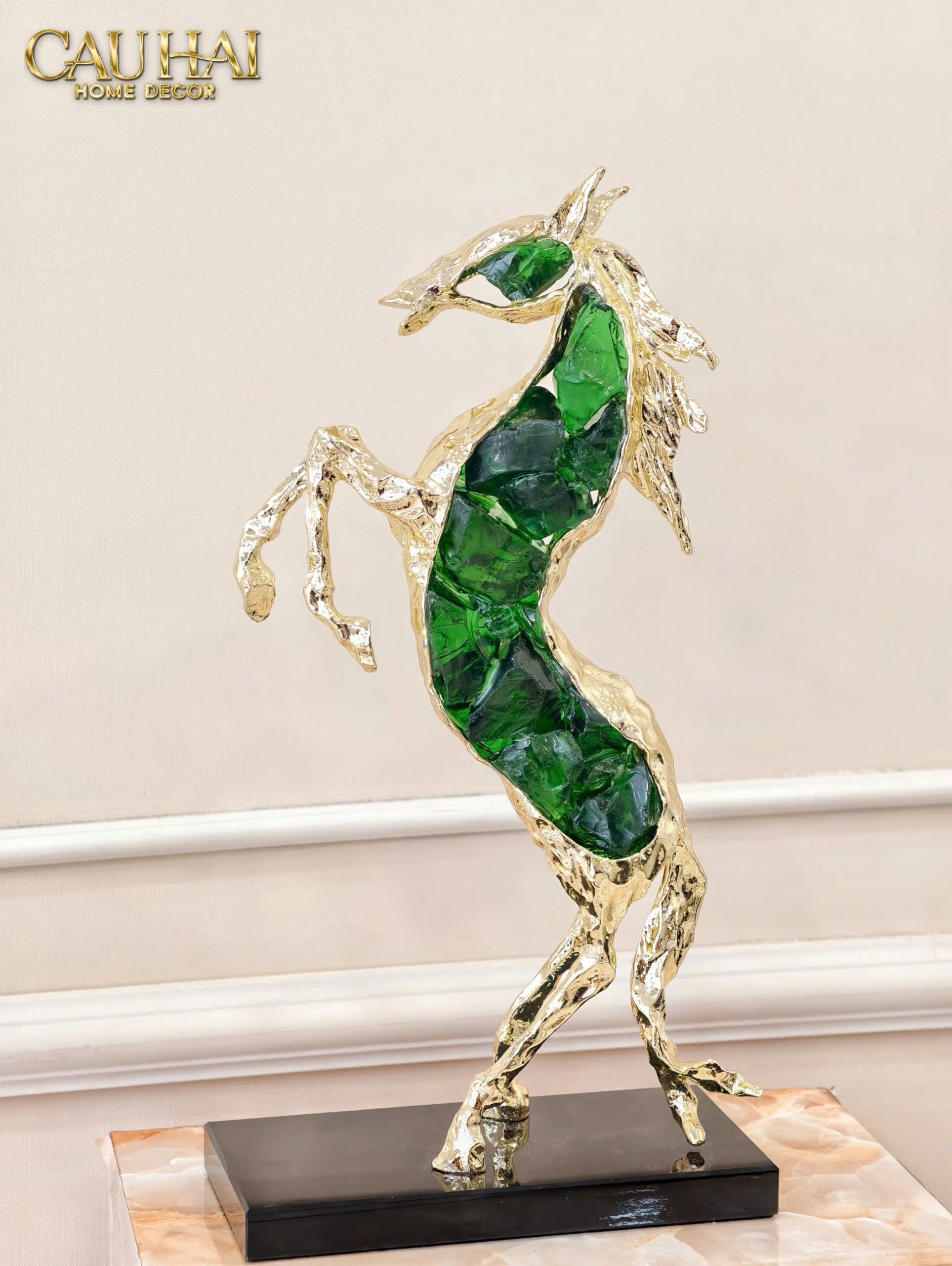 Maison Couture - Brass Horse Sculpture with Green Flotite Stone - Brasson Équestre Cheval Émeraude 20x40