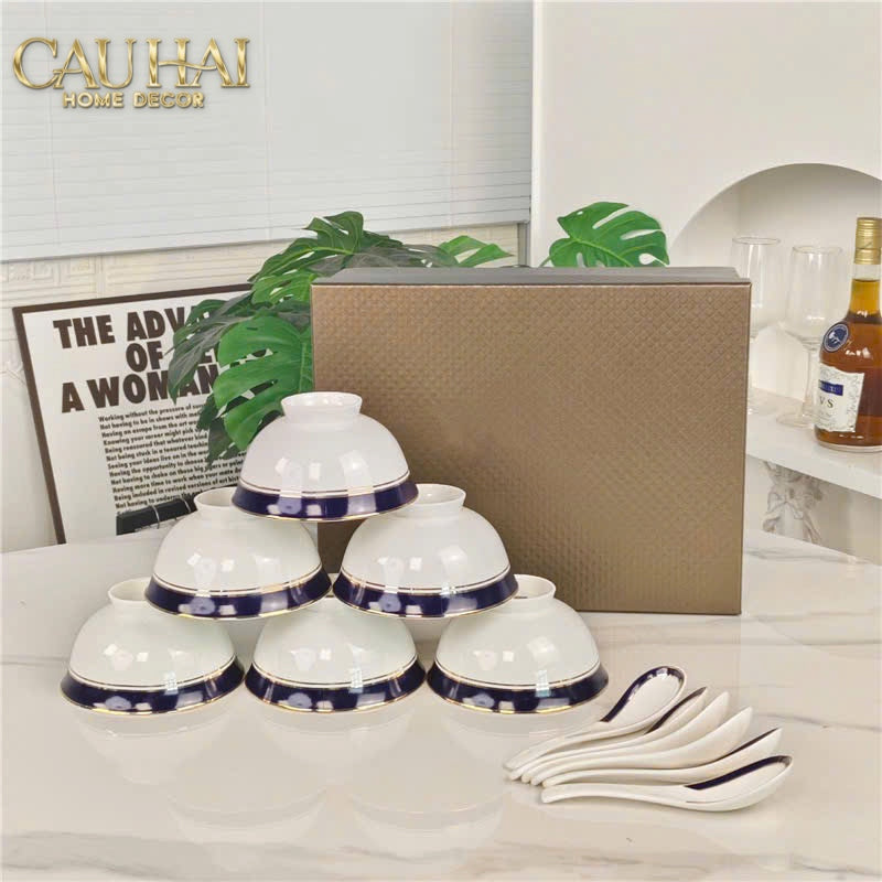 Maison Couture - Set 6 Chén Kèm Muỗng Sứ Belle Vie Luxe Blanc & Bleu Minuit Signature 12 Pcs