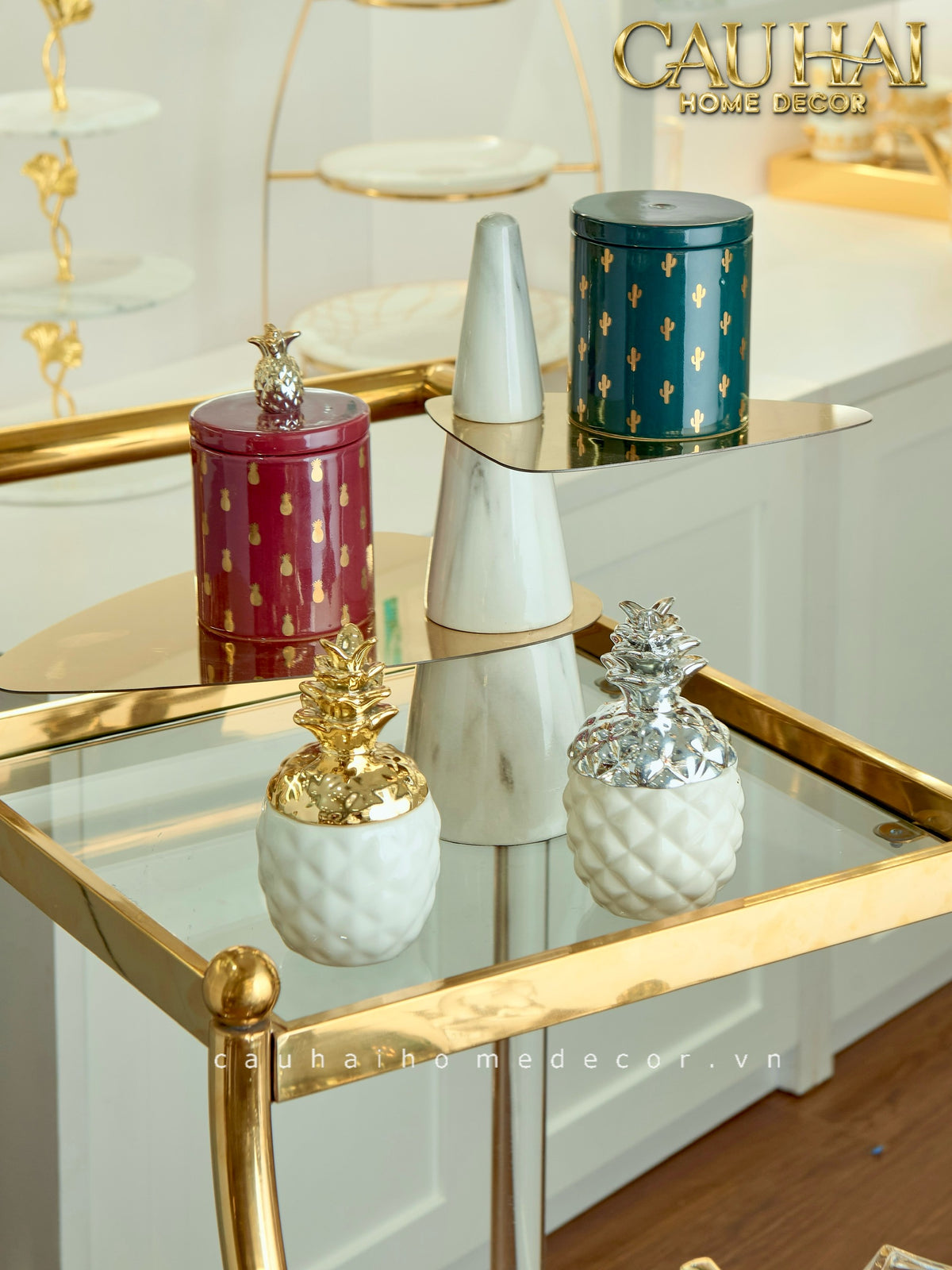 Lọ Kẹo Gốm Sứ Holiday Seasons Golden Fêtes Art Canister 8.5x14-TRANG TRÍ GIÁNG SINH-Đối tác tại Trung Quốc theo từng đơn đặt hàng-CẬU HAI HOME DECOR