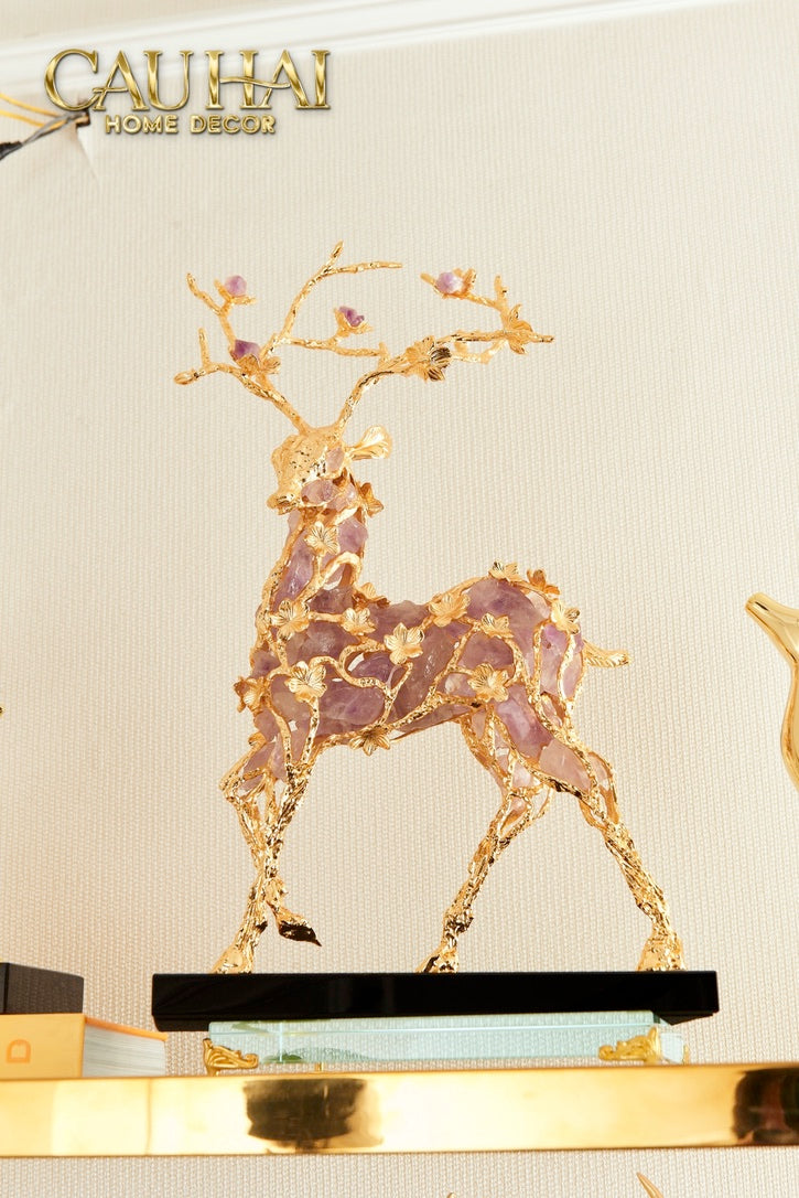 Maison Couture - Amethyst Quartz Bronze Deer Statue Sentinel Prima Gemstones Antler - H44x26