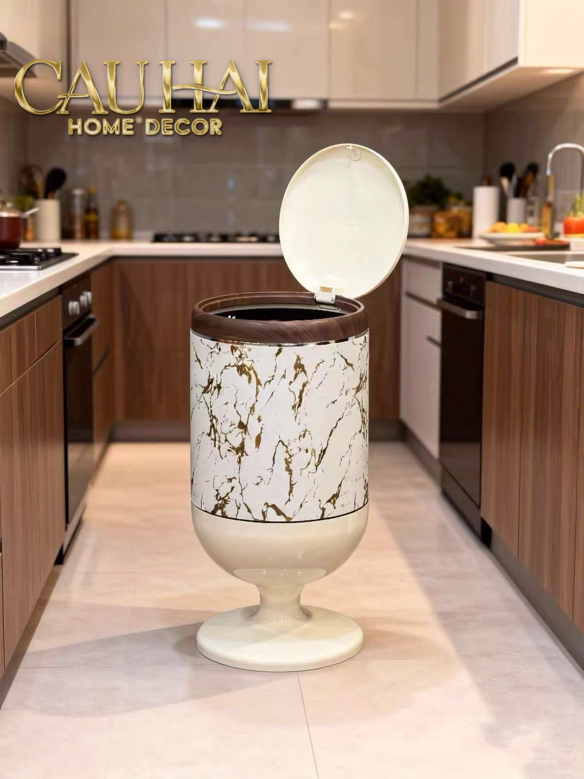 Thùng Rác Bọc Da Cao Cấp 20L Vân Đá - Marble Royale Gold
