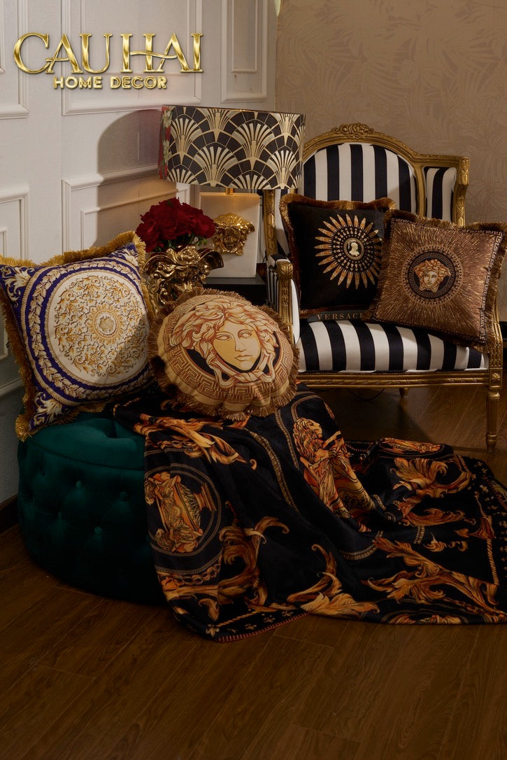 Luxury Velvet Blanket Virtus Gala Black Barocco Frame - 150X200.