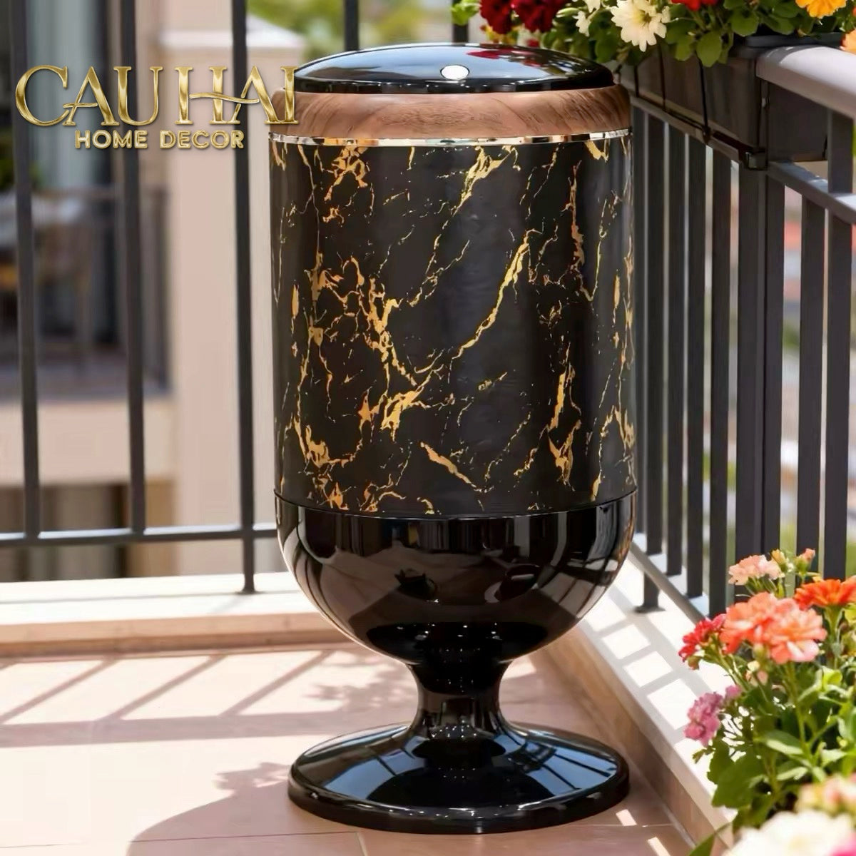 Thùng Rác Bọc Da Cao Cấp 20L Vân Đá - Marble Royale Gold