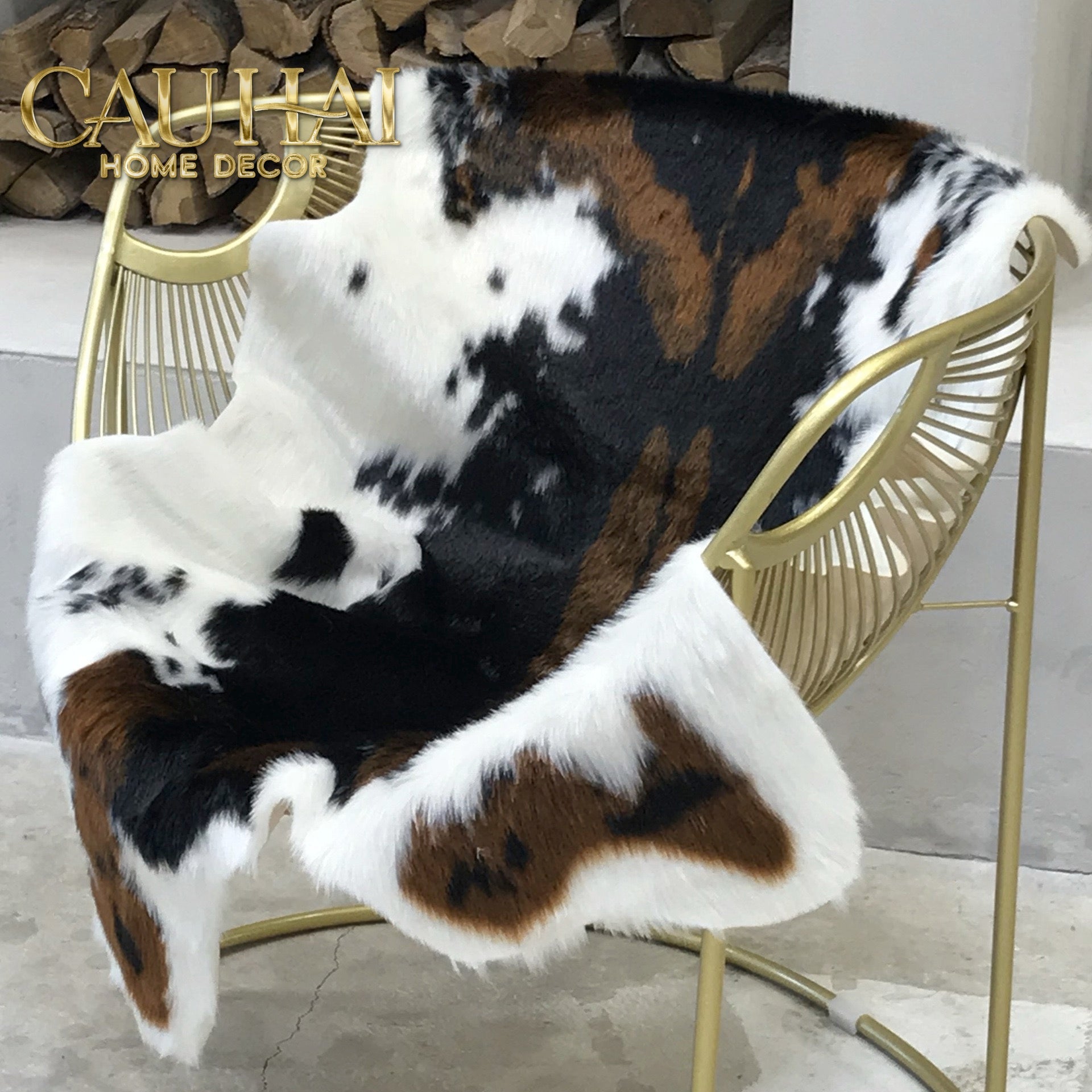 Thảm Lông Faux Fur Cowhide Cognac Noir 85x110