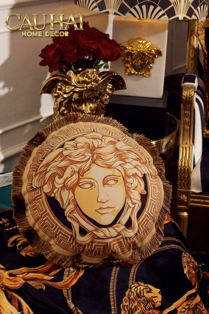 Maison Couture - Chenille Velvet Round Pillow V Class Grande Medusa Medallion Centerpiece Amplified 45.