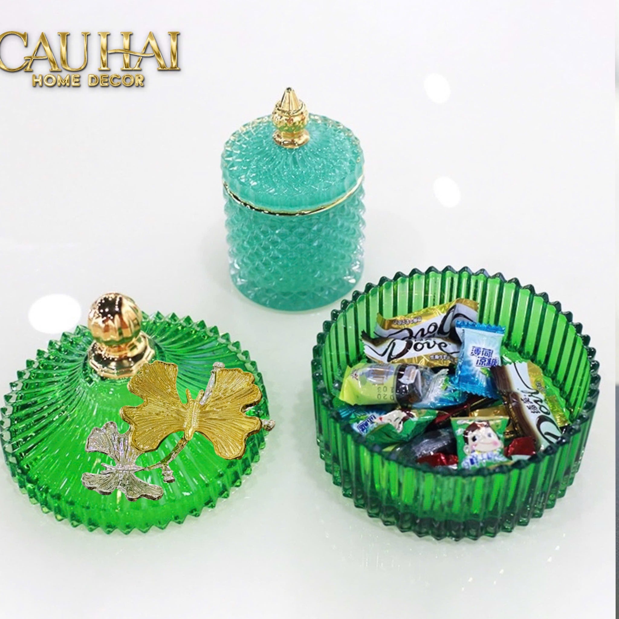 Maison Couture - Set 2 Lọ Kẹo Thuỷ Tinh Papillon Émeraude Royale