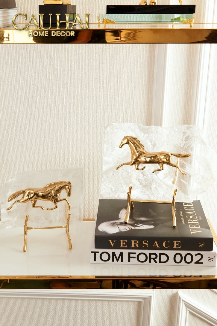 Maison Couture - Set of 2 Equestrian Gilded Hidden Stallion Grande Quartz Horse Statues