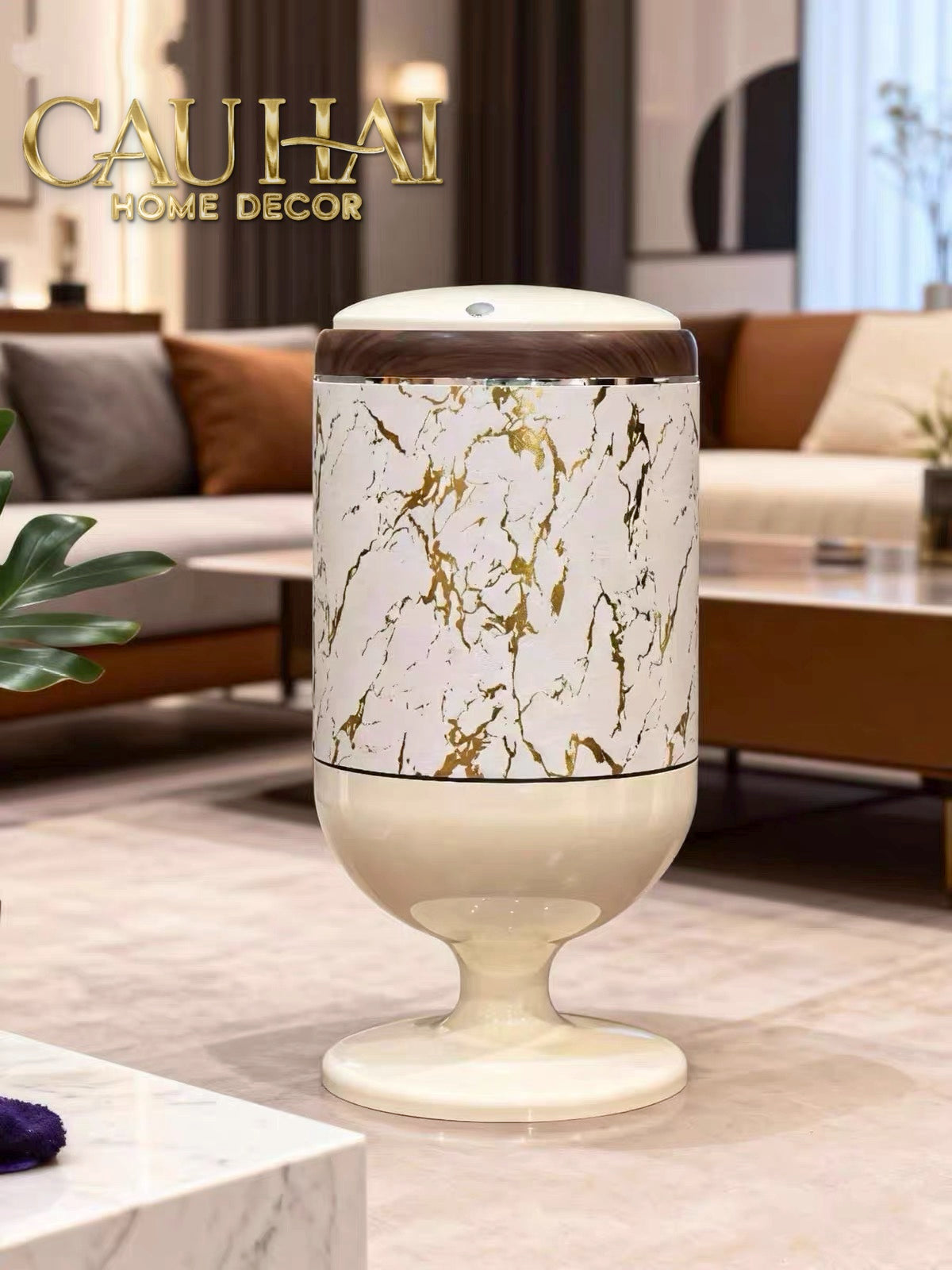 Thùng Rác Bọc Da Cao Cấp 20L Vân Đá - Marble Royale Gold