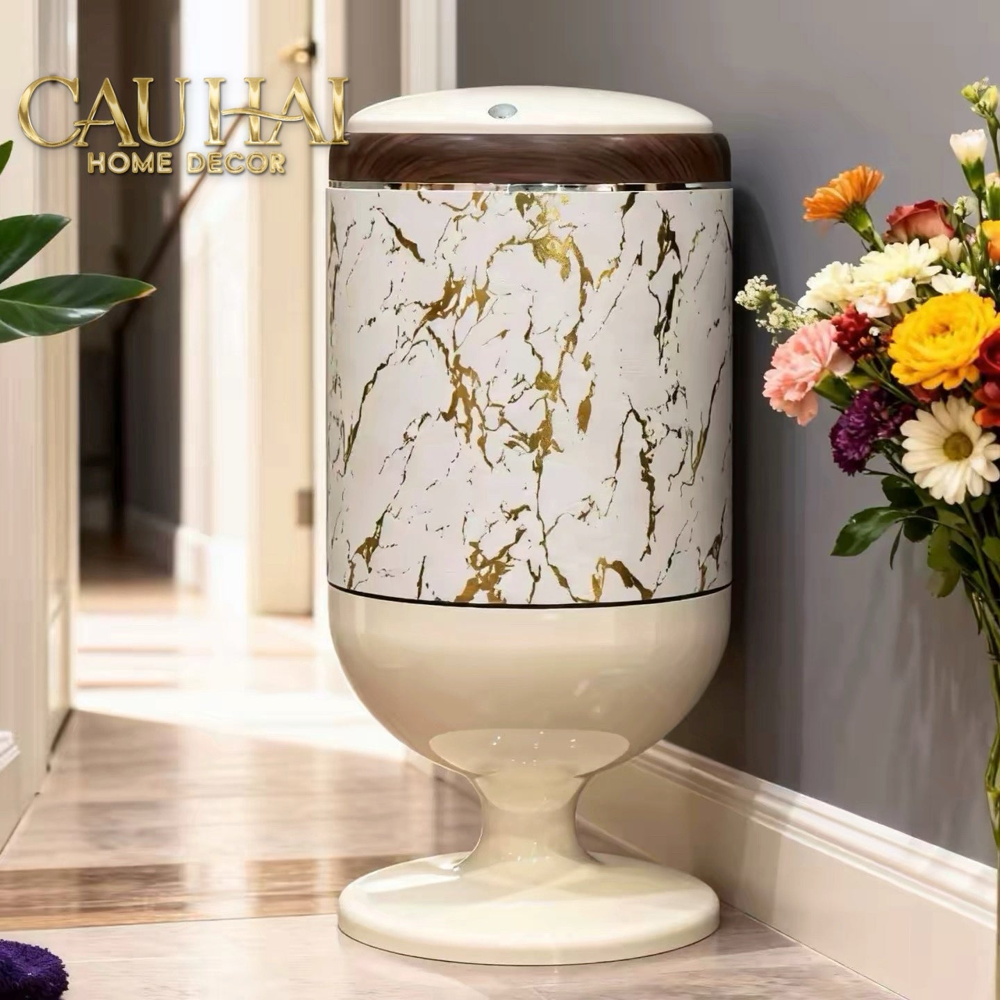 Thùng Rác Bọc Da Cao Cấp 20L Vân Đá - Marble Royale Gold