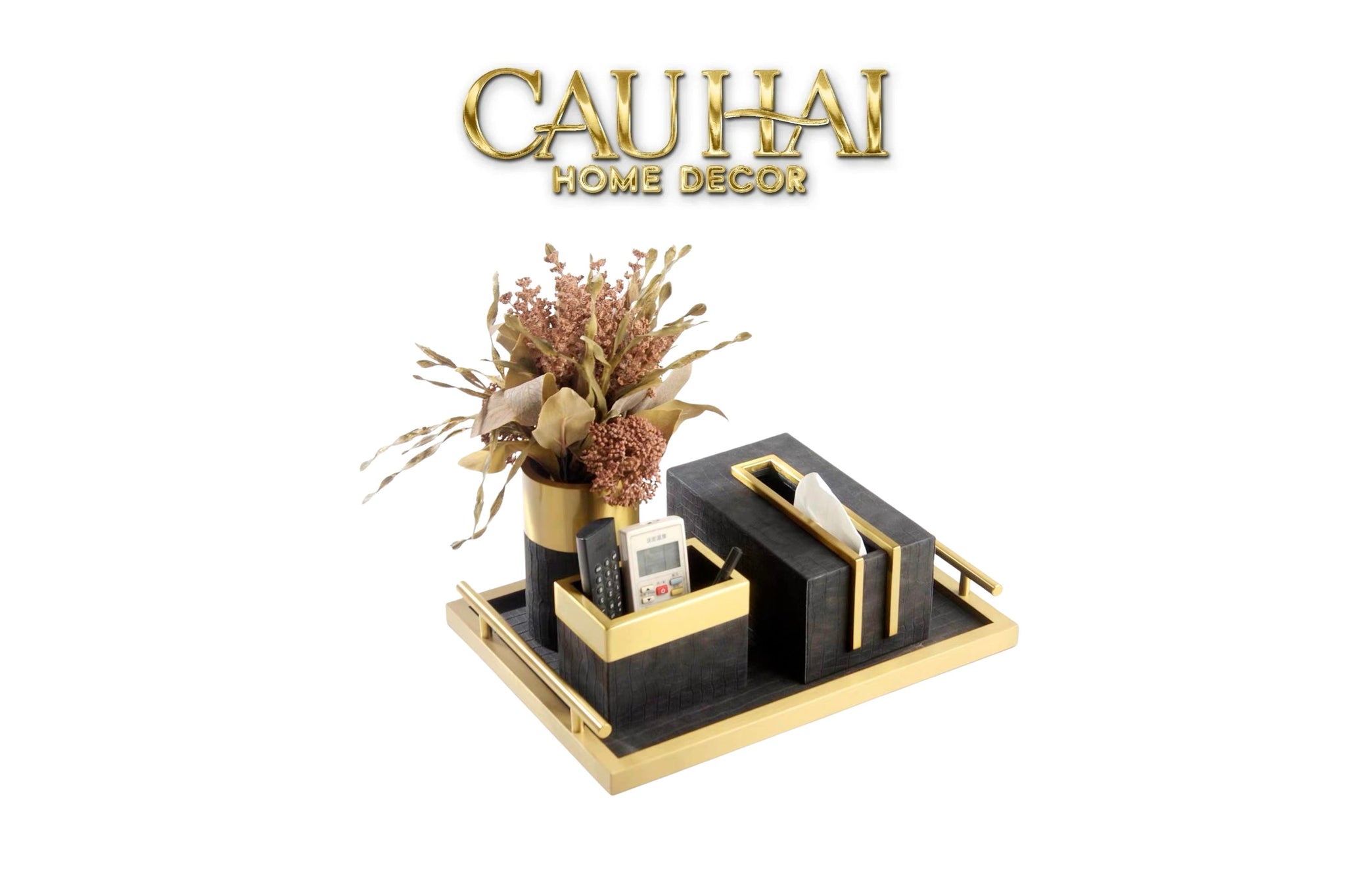 Maison Couture - Set Khay Hộp Giấy Gỗ Sồi Da Cao Cấp Có Bình Hoa - Luxe Oakwood Birkin Noire Vanities 4Pcs 30x40