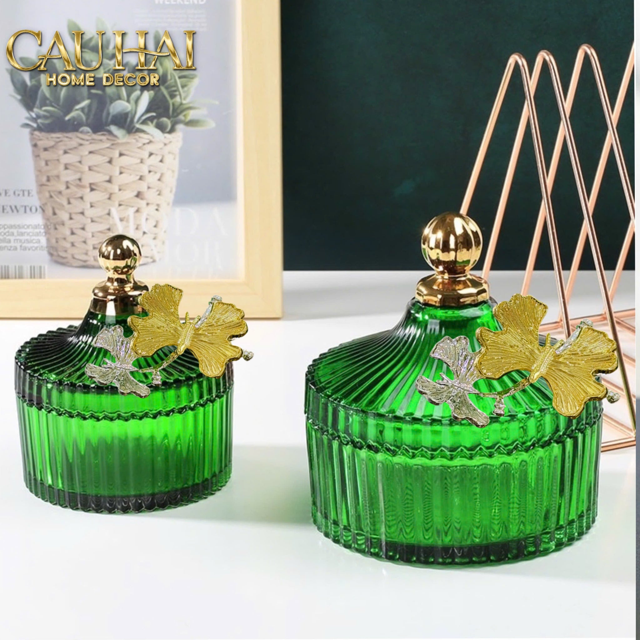 Maison Couture - Set 2 Lọ Kẹo Thuỷ Tinh Papillon Émeraude Royale
