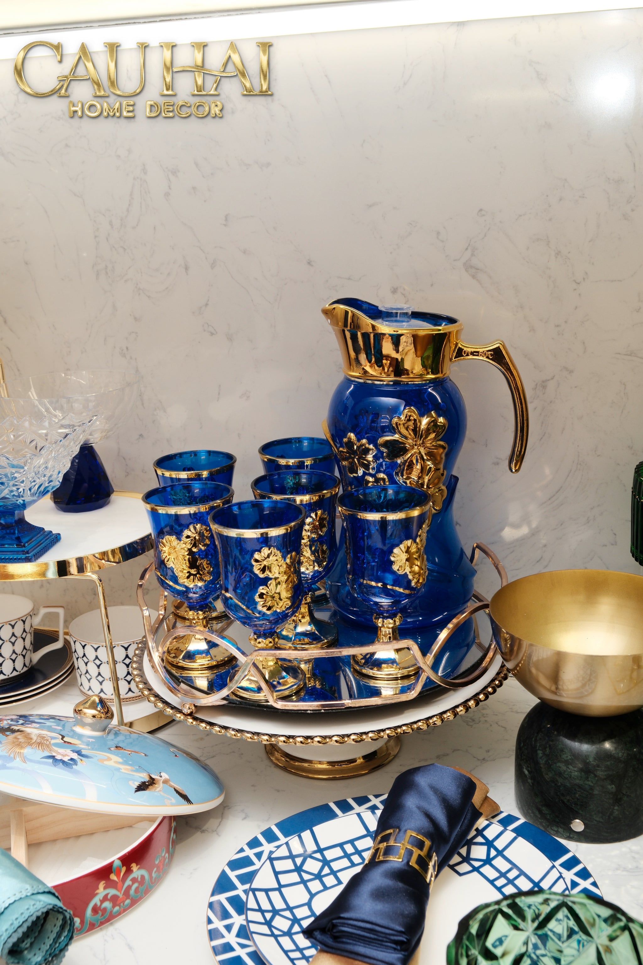 Set Binh Nuoc Thuy Tinh Grand Marquis Bleu Saphir Glass 7pcs