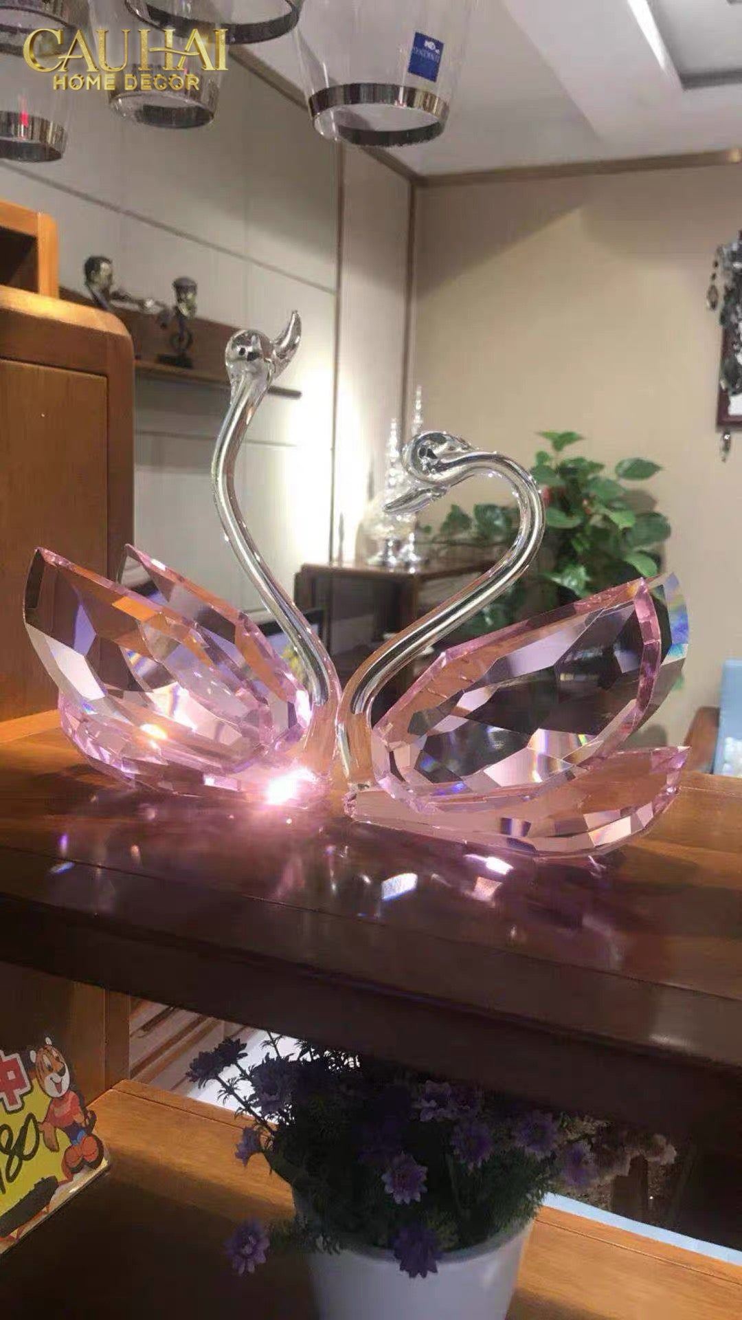 Set 2 Tượng Thiên Nga Pha Lê Trang Trí Crystal Swan Étreinte Rosé 2pcs