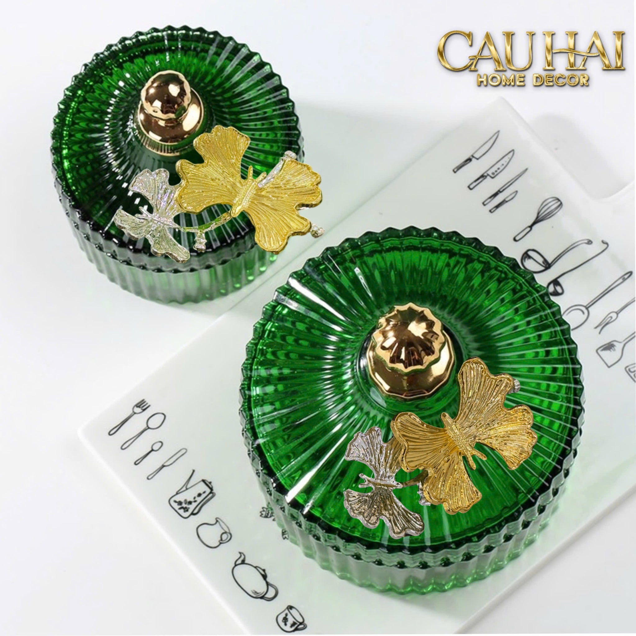 Maison Couture - Set 2 Lọ Kẹo Thuỷ Tinh Papillon Émeraude Royale