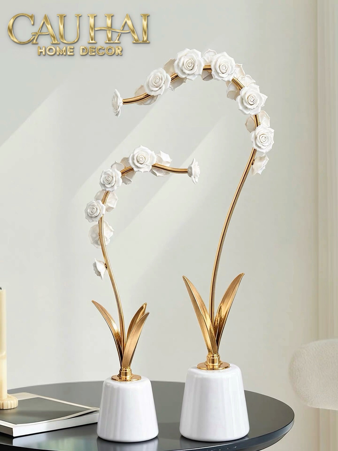 Maison Couture - Set 2 Tượng Hoa Hồng Gốm Sứ Roseraie Blanche D'Or 2pcs