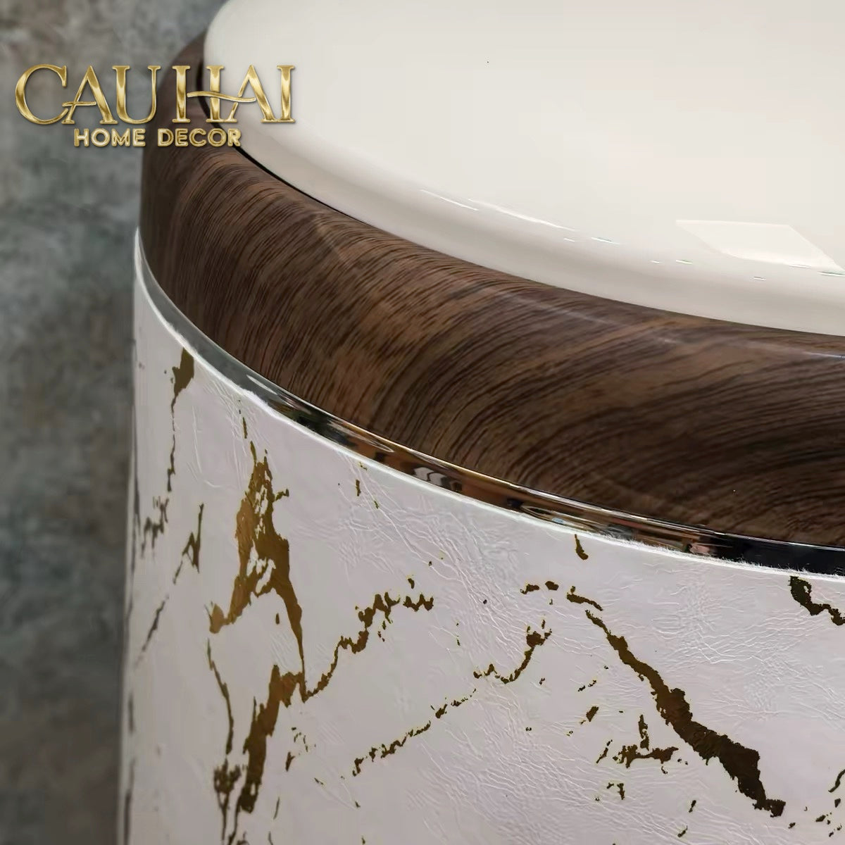 Thùng Rác Bọc Da Cao Cấp 20L Vân Đá - Marble Royale Gold