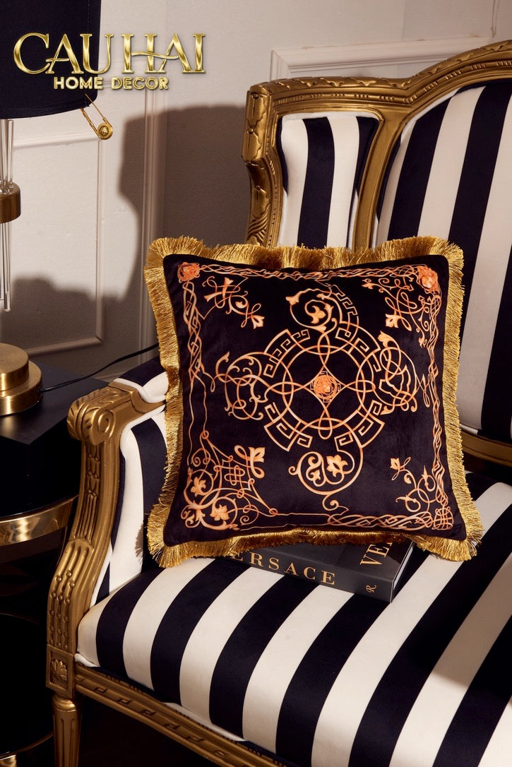 Chenille Velvet Pillow Case V Class Medusa Imperial Noir Gold Barocco Scrollwork 45