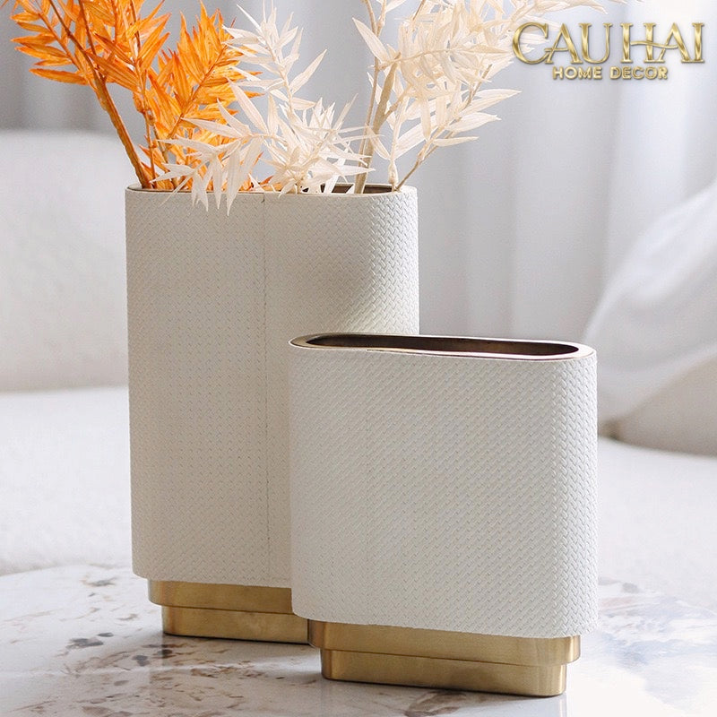 Set 2 Bình Hoa Bọc Da Cao Cấp - Leather Riviera Ivory Gilded Medusa