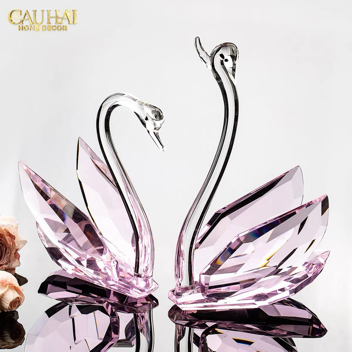 Set 2 Tượng Thiên Nga Pha Lê Trang Trí Crystal Swan Étreinte Rosé 2pcs