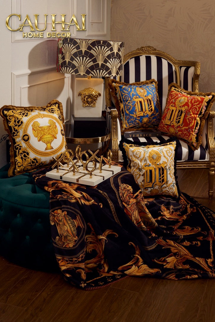 Luxury Velvet Blanket Virtus Gala Black Barocco Frame - 150X200.