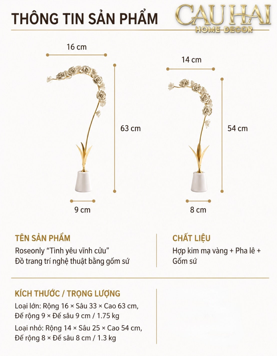Maison Couture - Set 2 Tượng Hoa Hồng Gốm Sứ Roseraie Blanche D'Or 2pcs-Tượng Decor-CẬU HAI HOME DECOR
