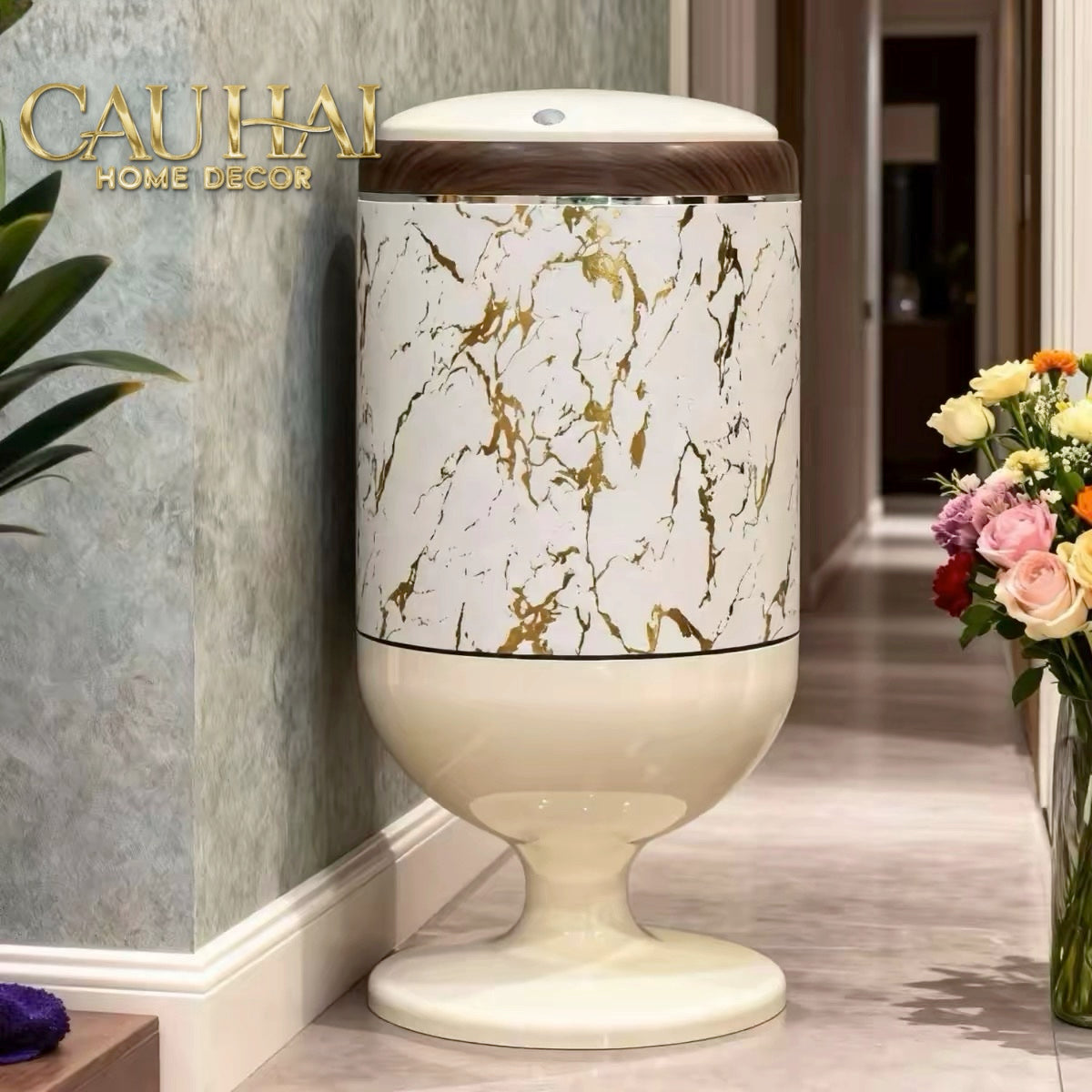 Thùng Rác Bọc Da Cao Cấp 20L Vân Đá - Marble Royale Gold