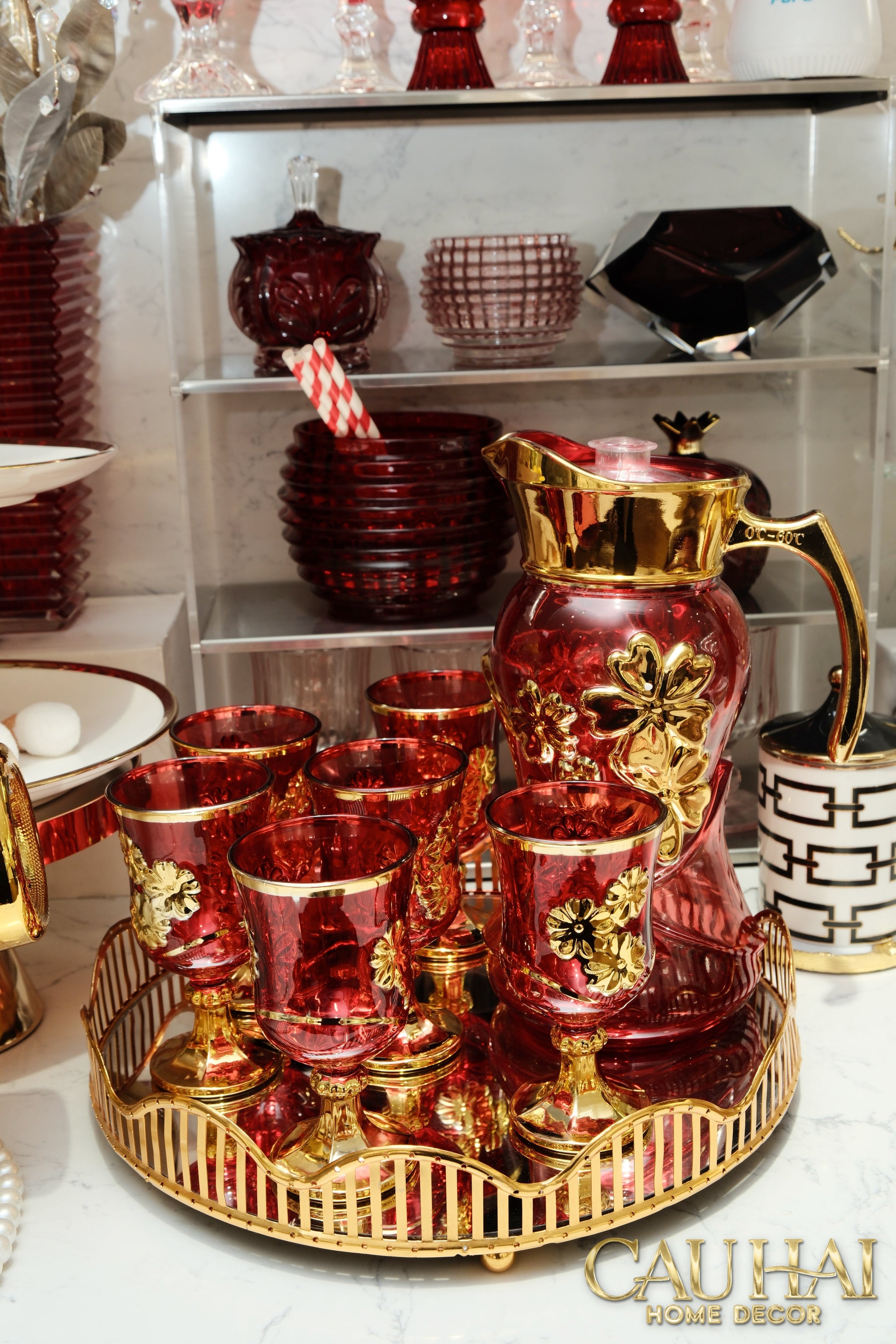 Set Binh Nuoc Thuy Tinh Grand Marquis Rubis Rouge Glass 7pcs