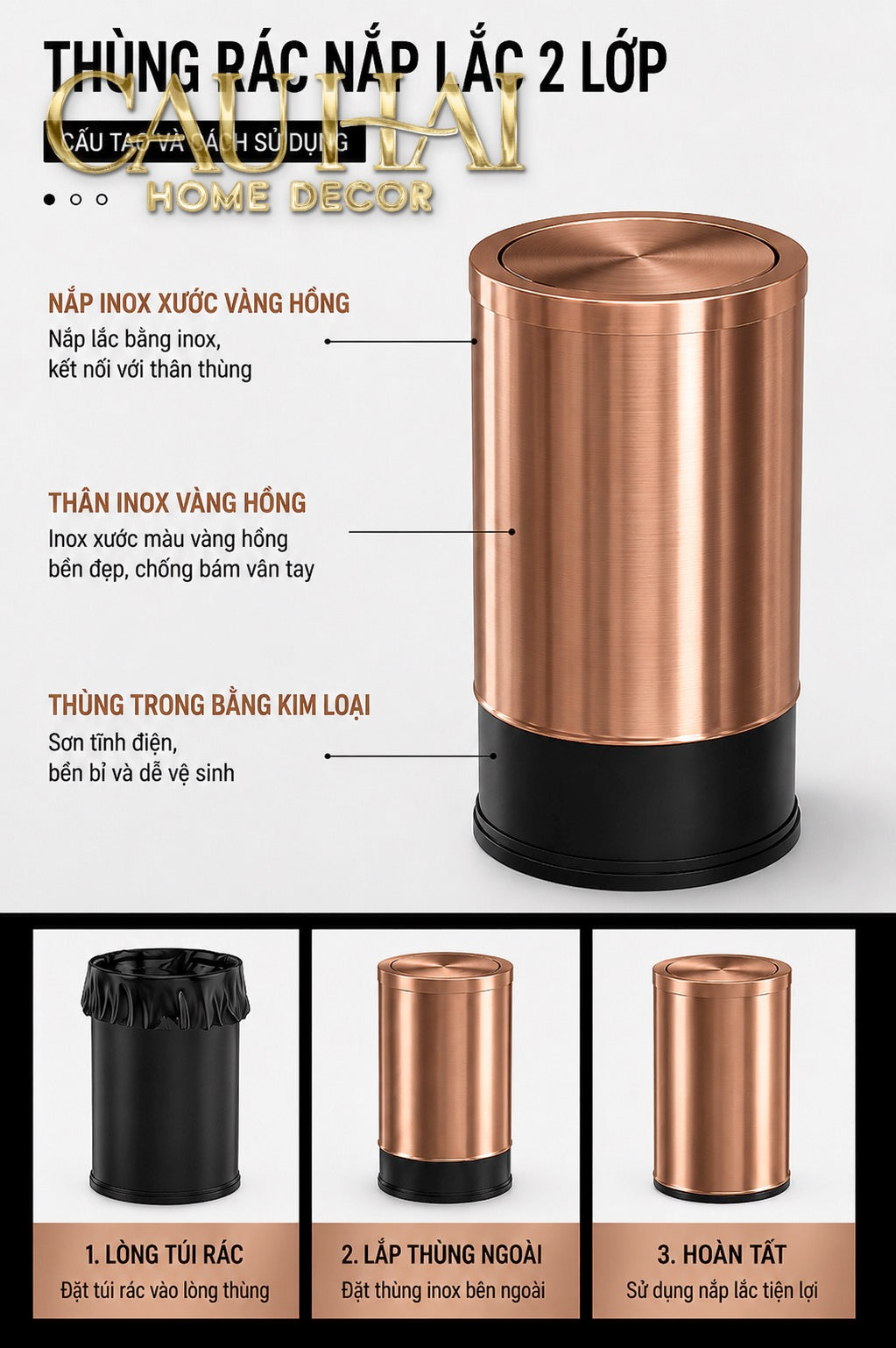 Thùng Rác Inox Monolith Bronze Trash Cans 9L 20x31