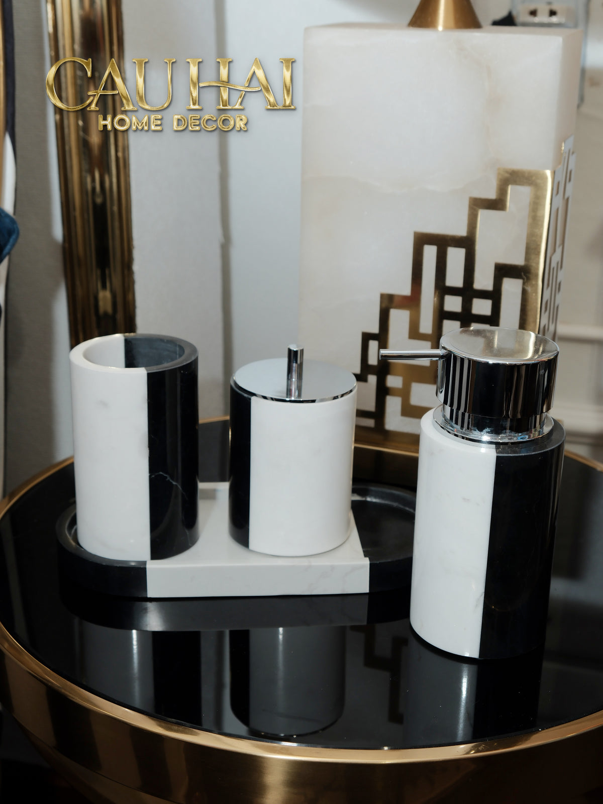 Set Nhà Tắm Đá Marble Trắng Đen Bản Đặc Biệt - Monolith Noir & Ivoire Oval Tray - Bathroom Vanities 4pcs-KHAY TRANG TRÍ-Đối tác tại Trung Quốc theo từng đơn đặt hàng-CẬU HAI HOME DECOR