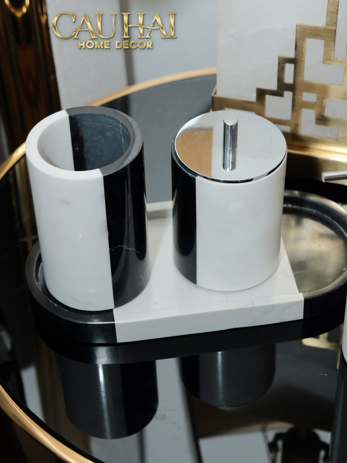 Set Nhà Tắm Đá Marble Trắng Đen Bản Đặc Biệt - Monolith Noir & Ivoire Oval Tray - Bathroom Vanities 4pcs-KHAY TRANG TRÍ-Đối tác tại Trung Quốc theo từng đơn đặt hàng-CẬU HAI HOME DECOR