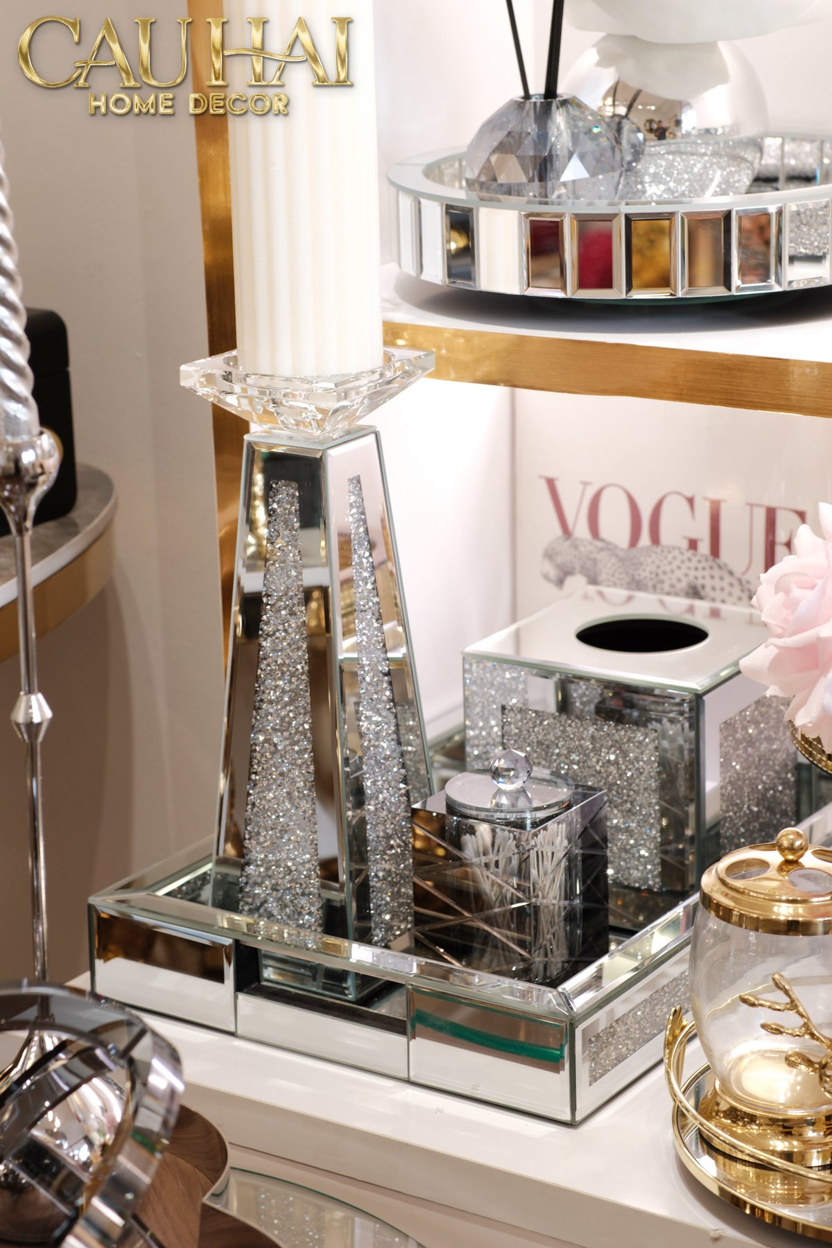Set 2 Đế Nến Starlight Mirrored Crystal Pillar-Đế Nến-CẬU HAI HOME DECOR