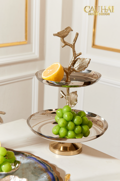 Đĩa 2 Tầng Platinum Elysian Golden Branch Canary Harmony - Étagère 2 Niveaux 26x30-LY THỦY TINH-CẬU HAI HOME DECOR