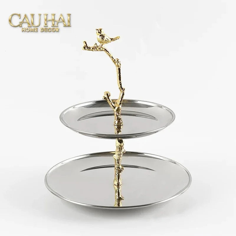 Đĩa 2 Tầng Platinum Elysian Golden Branch Canary Harmony - Étagère 2 Niveaux 26x30-LY THỦY TINH-CẬU HAI HOME DECOR