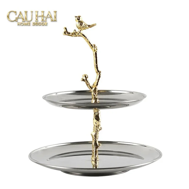Đĩa 2 Tầng Platinum Elysian Golden Branch Canary Harmony - Étagère 2 Niveaux 26x30-LY THỦY TINH-CẬU HAI HOME DECOR