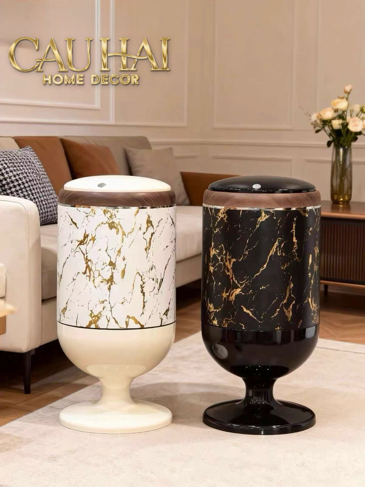 Thùng Rác Bọc Da Cao Cấp 20L Vân Đá - Marble Royale Gold