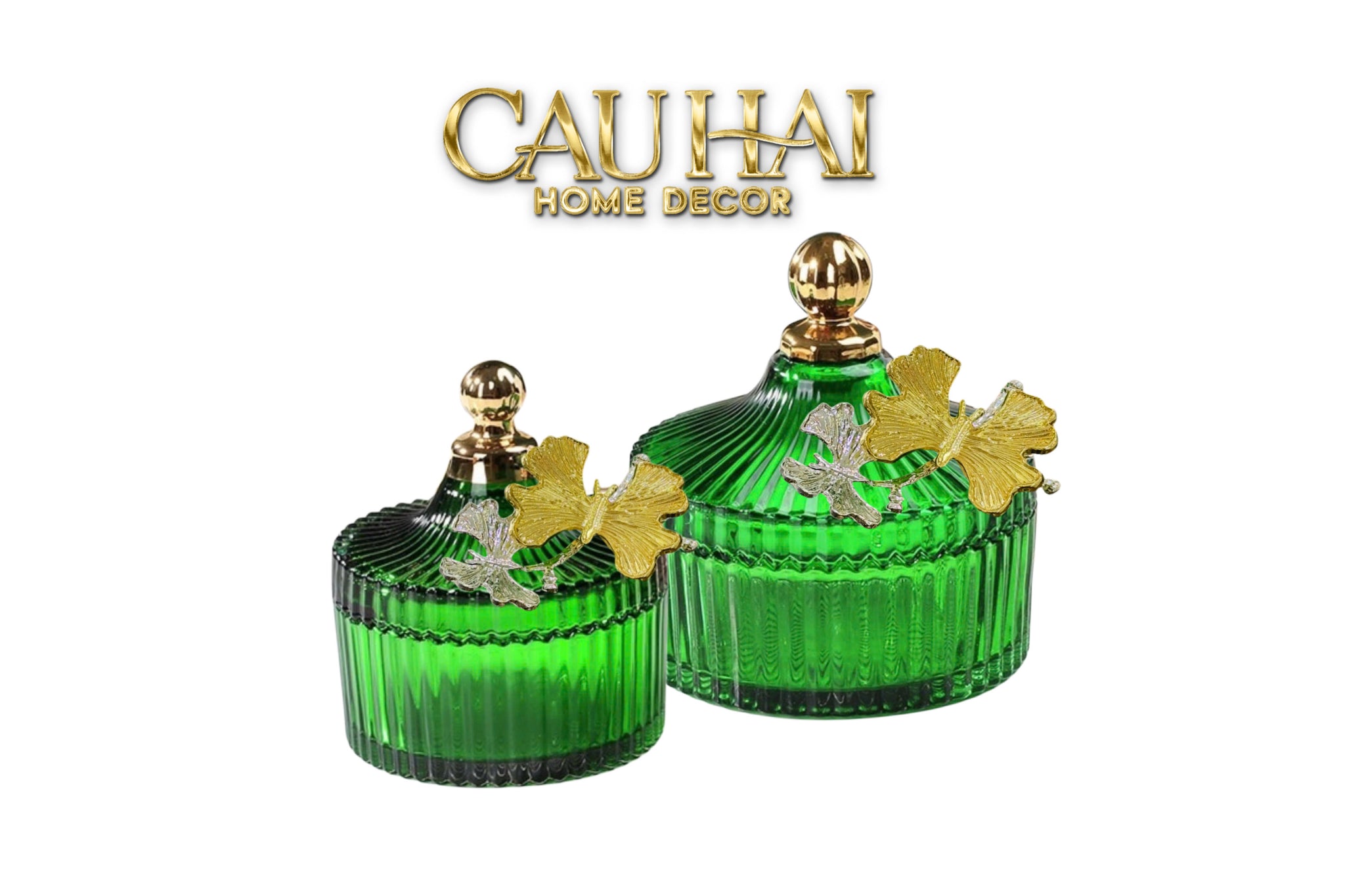Maison Couture - Set of 2 Papillon Émeraude Royale Glass Jars