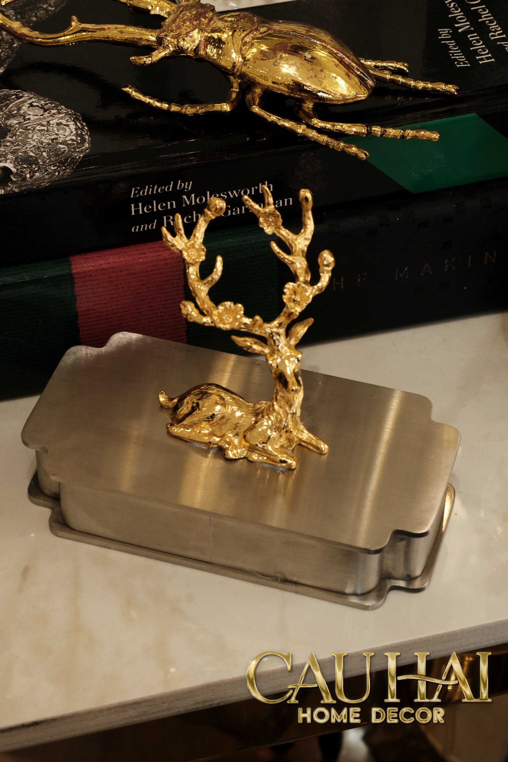 Hộp Tăm Bông Inox Laying Alley Cerf Héritage D'Or Toothpick Holder 6x12