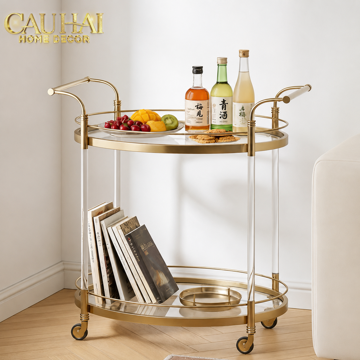 Maison Couture - Golden Lucid Acrylic Lumière Stemware Bar Cart