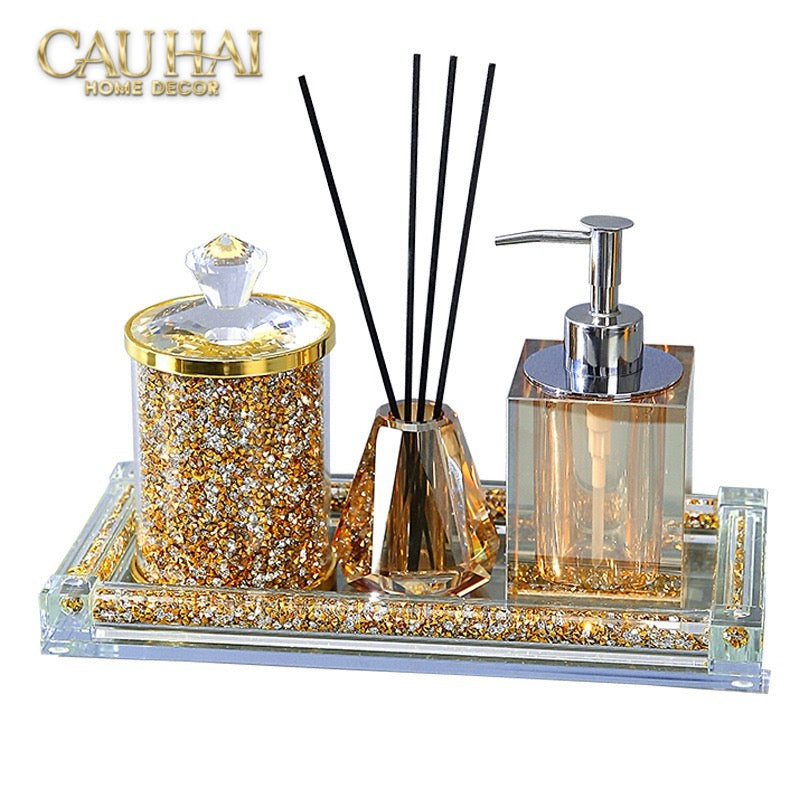 Set Phụ Kiện Nhà Tắm Pha Lê Pavé Gold Mirror  Bathroom Vanity 4pcs