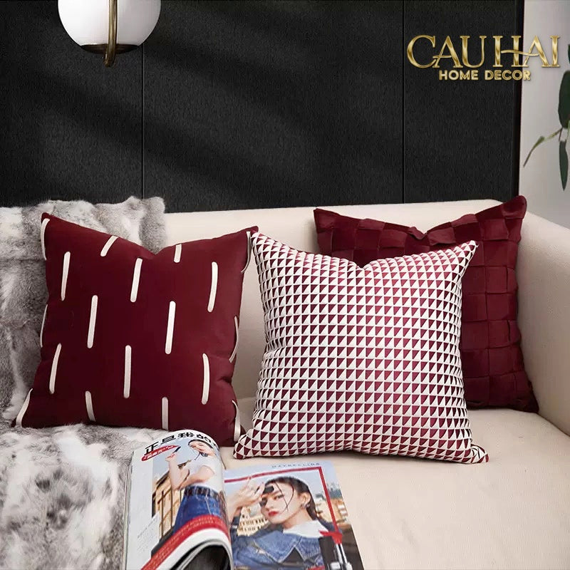 Vỏ Gối Leather Cadre Bordeaux Ivory 45x45