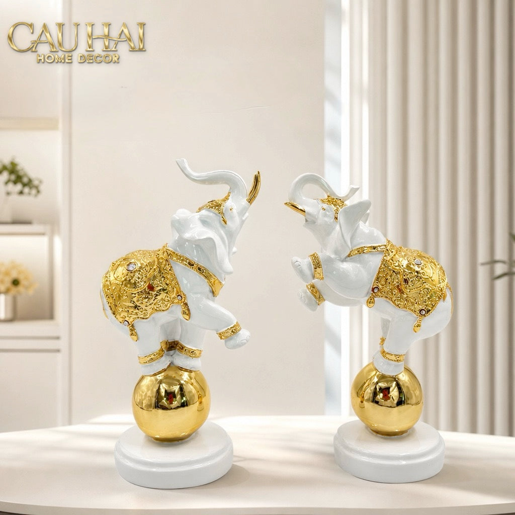 Set 2 Tượng Composite Voi Cirque Royal D'Or 12x17x33