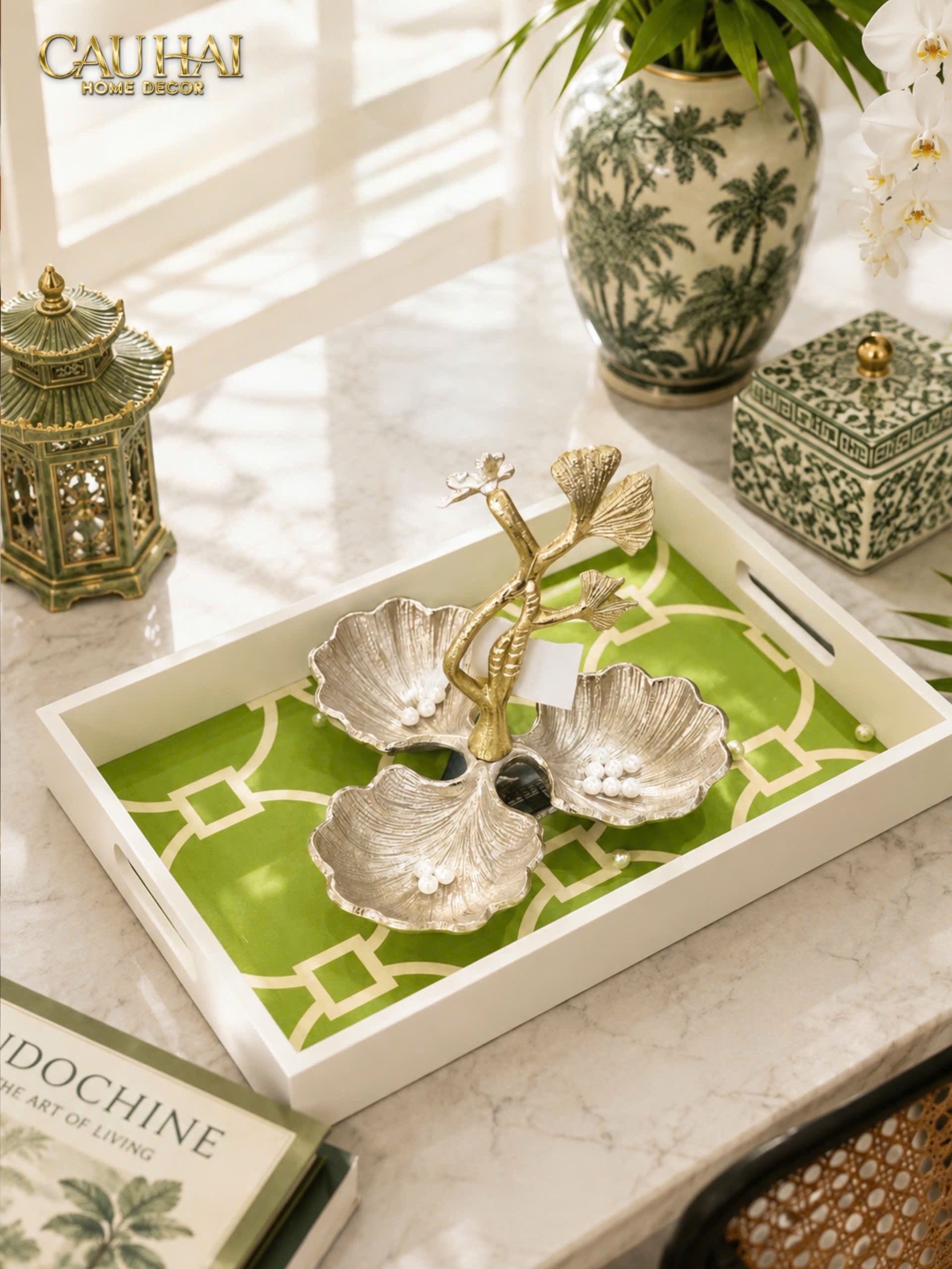 Khay Gỗ Chữ Nhật Palm Court Ceramic Indigo 38x25x5-KHAY TRANG TRÍ-CẬU HAI HOME DECOR