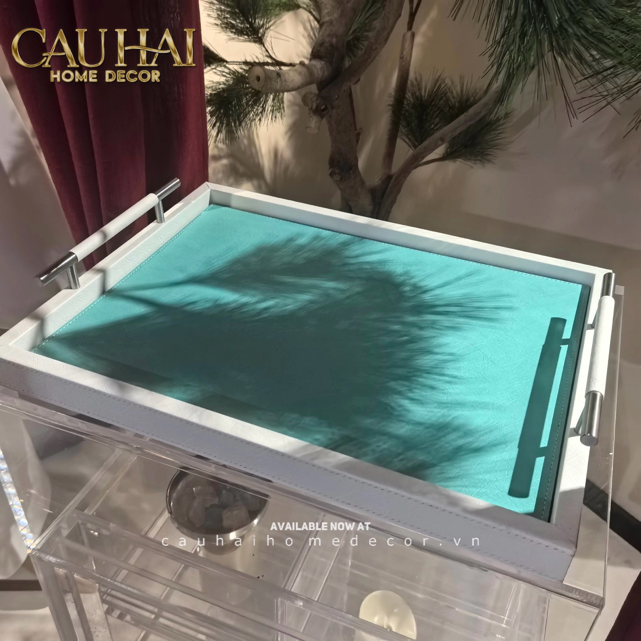Khay Gỗ Chữ Nhật Xanh Mint Elegance Luxe Leather - Azure Turquoise 32.5x42.5-KHAY TRANG TRÍ-CẬU HAI HOME DECOR