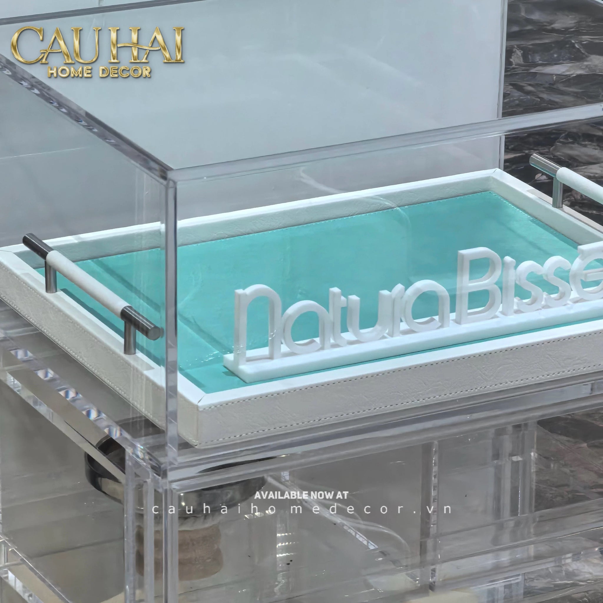 Khay Gỗ Chữ Nhật Xanh Mint Elegance Luxe Leather - Azure Turquoise 32.5x42.5-KHAY TRANG TRÍ-CẬU HAI HOME DECOR