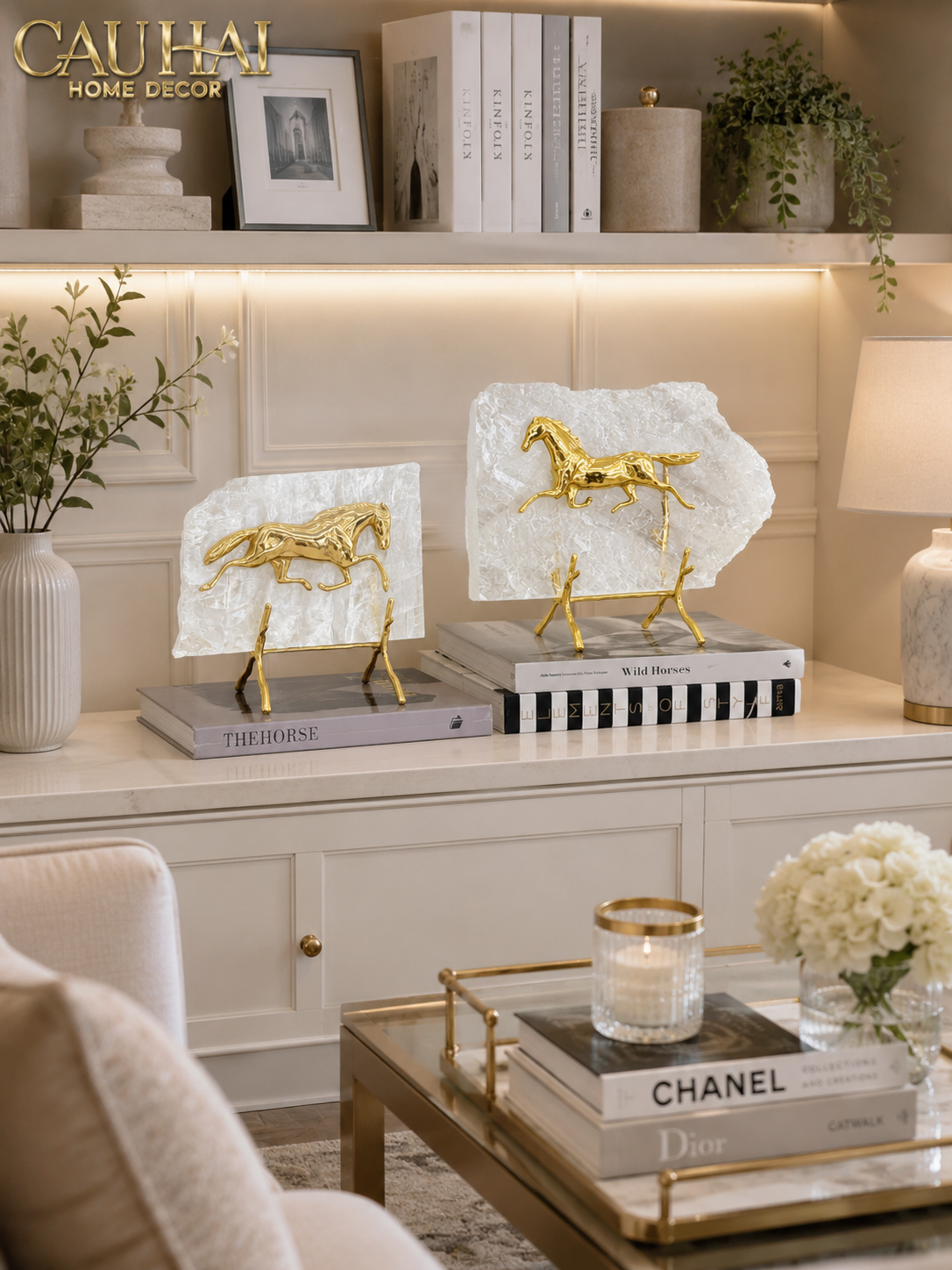 Maison Couture - Set 2 Tượng Ngựa Đồng Đá Thạch Anh Équestre Gilded Hidden Stallion Grande Quartz-TƯỢNG TRANG TRÍ-CẬU HAI HOME DECOR
